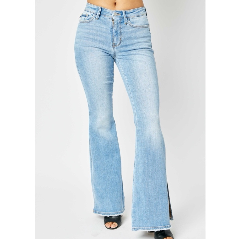 Judy Blue Mid Rise Raw Hem Slit split Flare Jeans Light Wash Denim